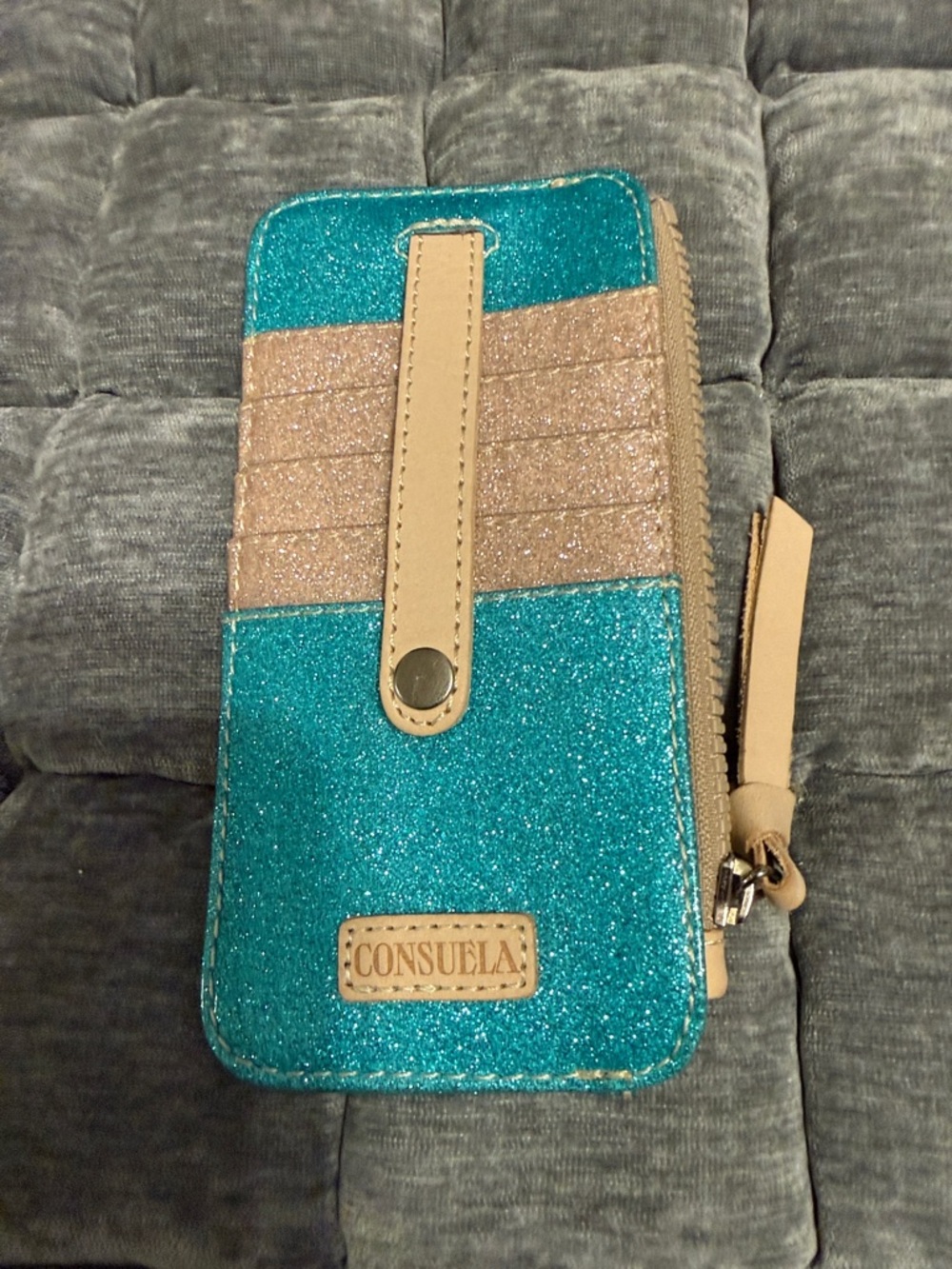 Consuela Lumi Teal Glitter Wallet with Tan Accents